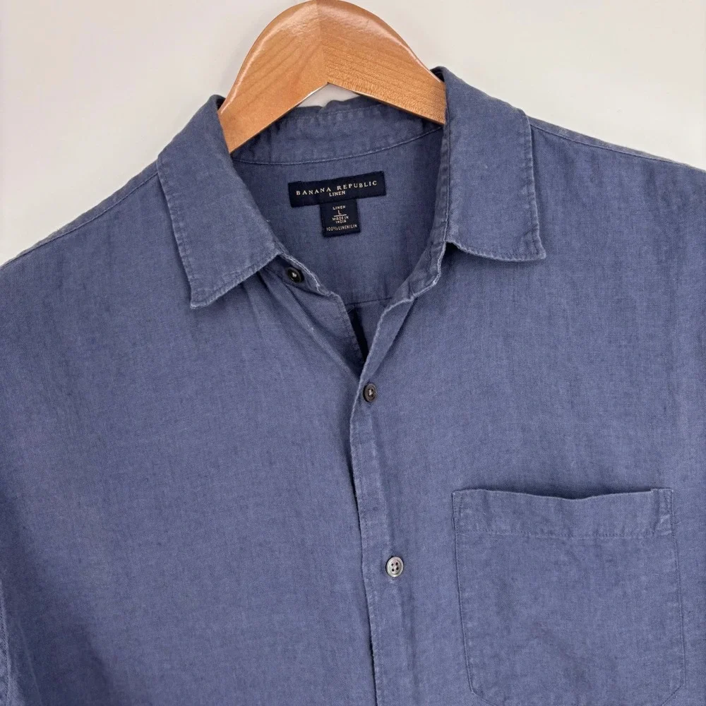 Banana Republic 100% Linen Button Down Shirt Mens Large Blue Long Sleeve Summer